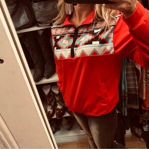 Western Red Turquoise Aztec Quarter-Zip Pullover Top size small